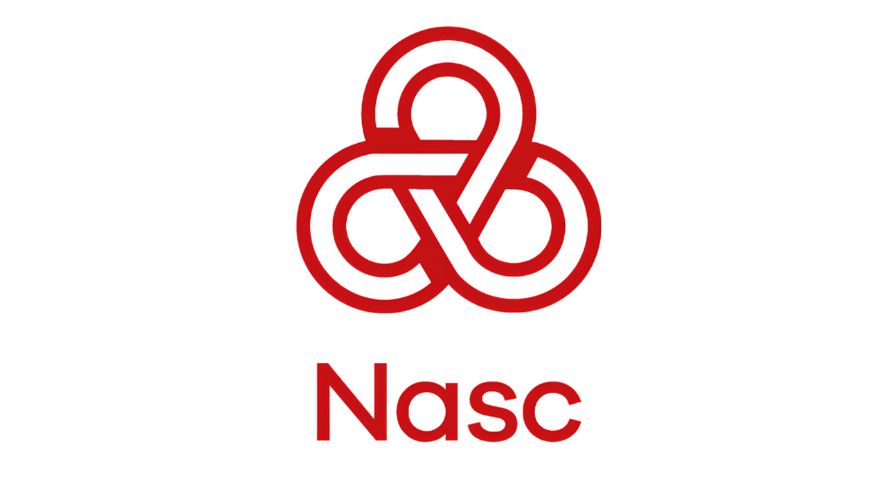 Red interconnected looped design above the text 